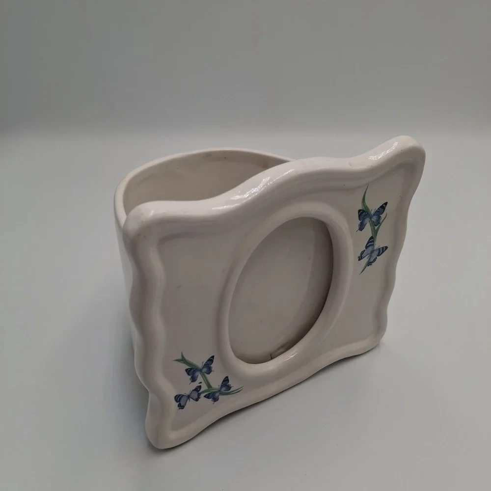 FTD Ceramic Butterfly Picture Frame Planter White Blue Floral Oval Opening Vtg